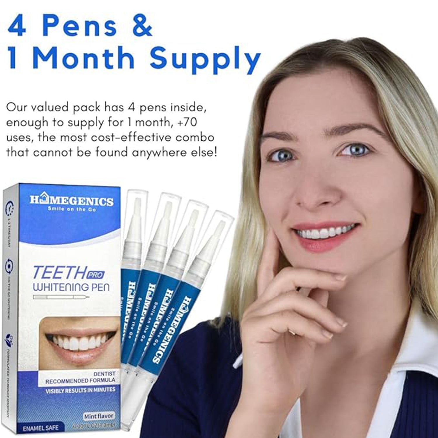 "HomeGenics Teeth Whitening Pen 4-Pack - 60+ Uses, Fast, Gentle, Enamel Safe Whitening Gel"