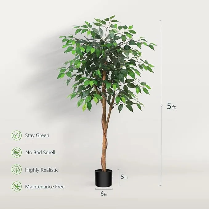 Large Artificial Ficus Tree – 150cm Tall, Indoor Fake Potted Tree with Natural Wood Trunk and Silk Leaves – Perfect for Home & Office Decor