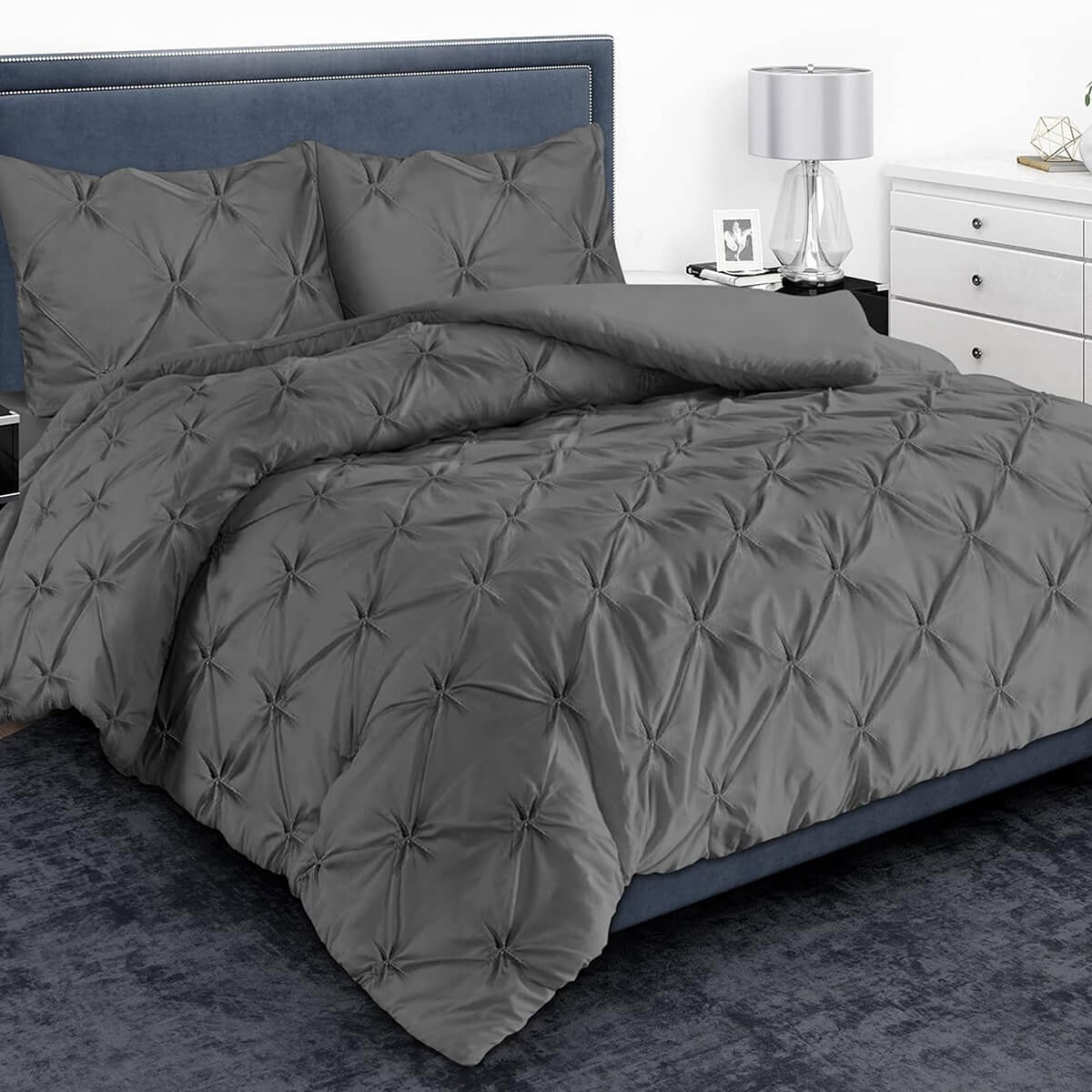 Pintuck Duvet Cover Set - 200 Thread Count 100% Egyptian Cotton Pinch Pleated Quilt Bedding