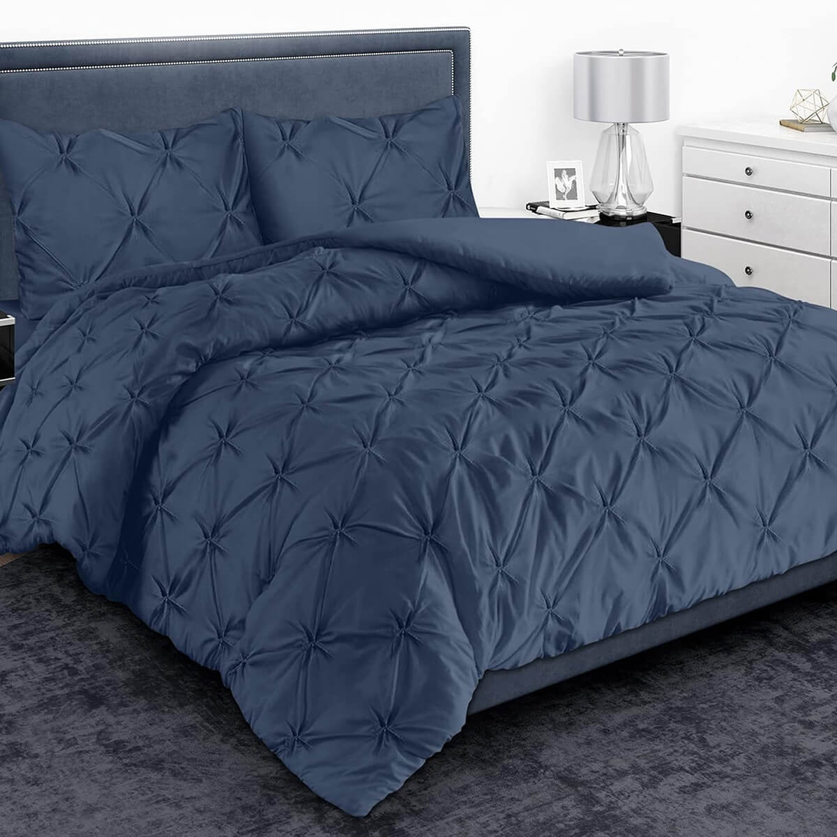 Pintuck Duvet Cover Set - 200 Thread Count 100% Egyptian Cotton Pinch Pleated Quilt Bedding