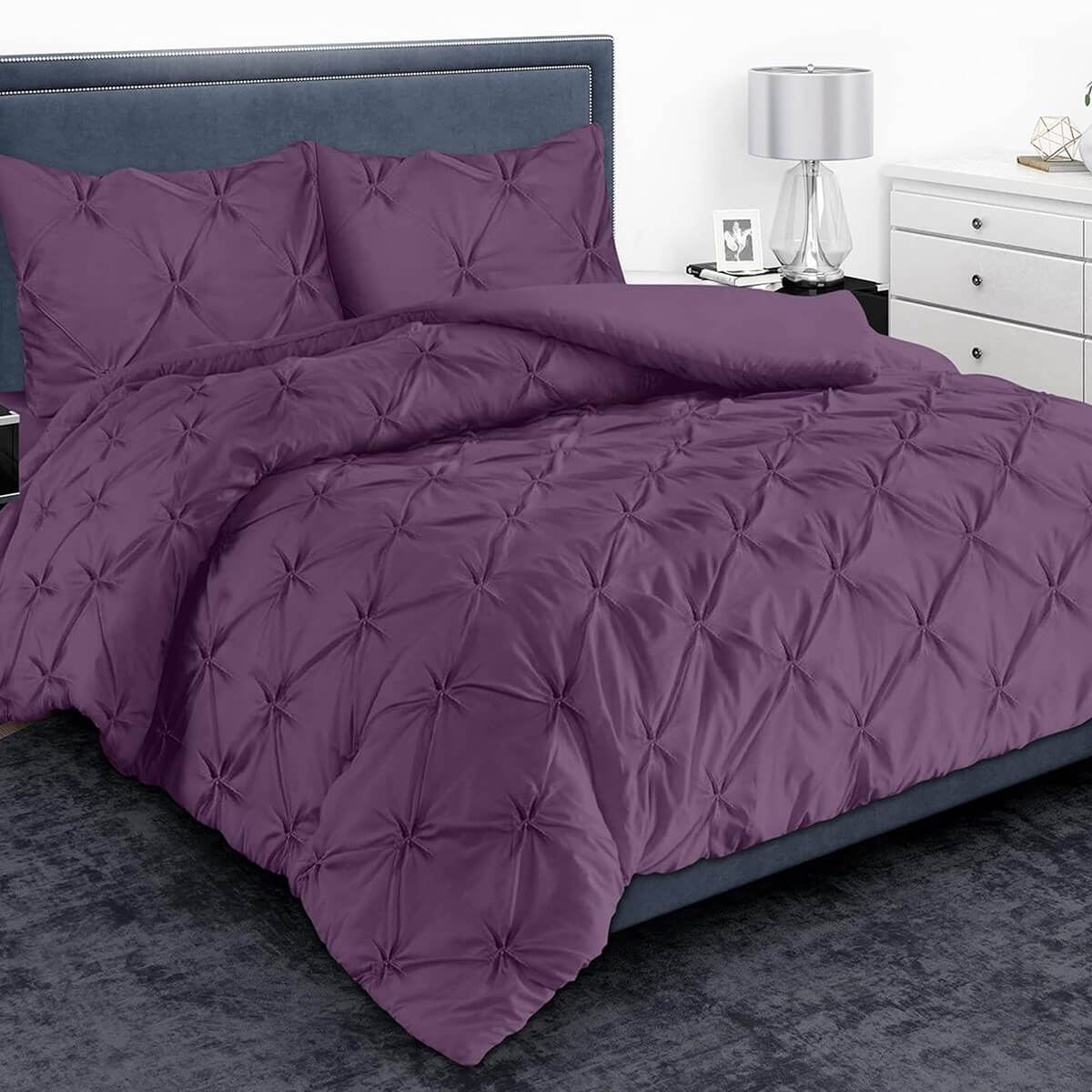 Pintuck Duvet Cover Set - 200 Thread Count 100% Egyptian Cotton Pinch Pleated Quilt Bedding