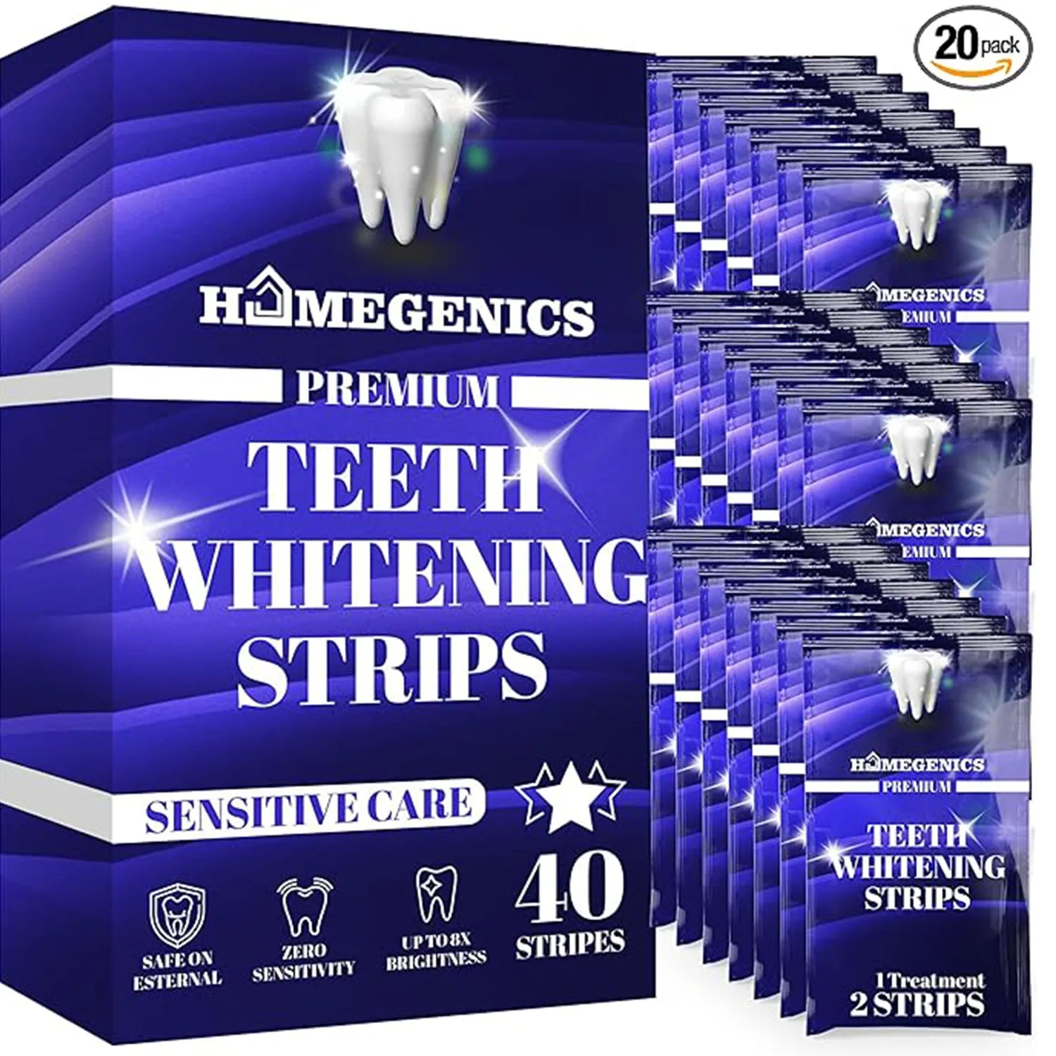 HomeGenics Teeth Whitening Strips - 20 Sessions, Peroxide-Free Kit with Free Mouth Opener