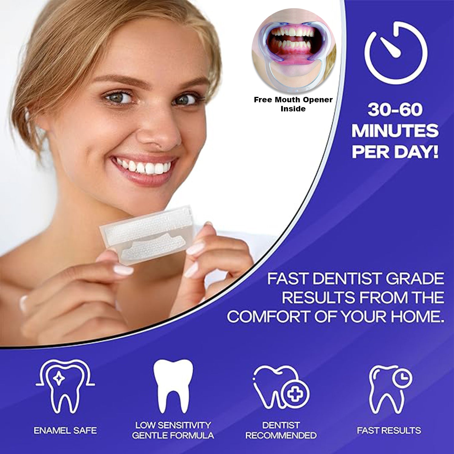HomeGenics Teeth Whitening Strips - 20 Sessions, Peroxide-Free Kit with Free Mouth Opener