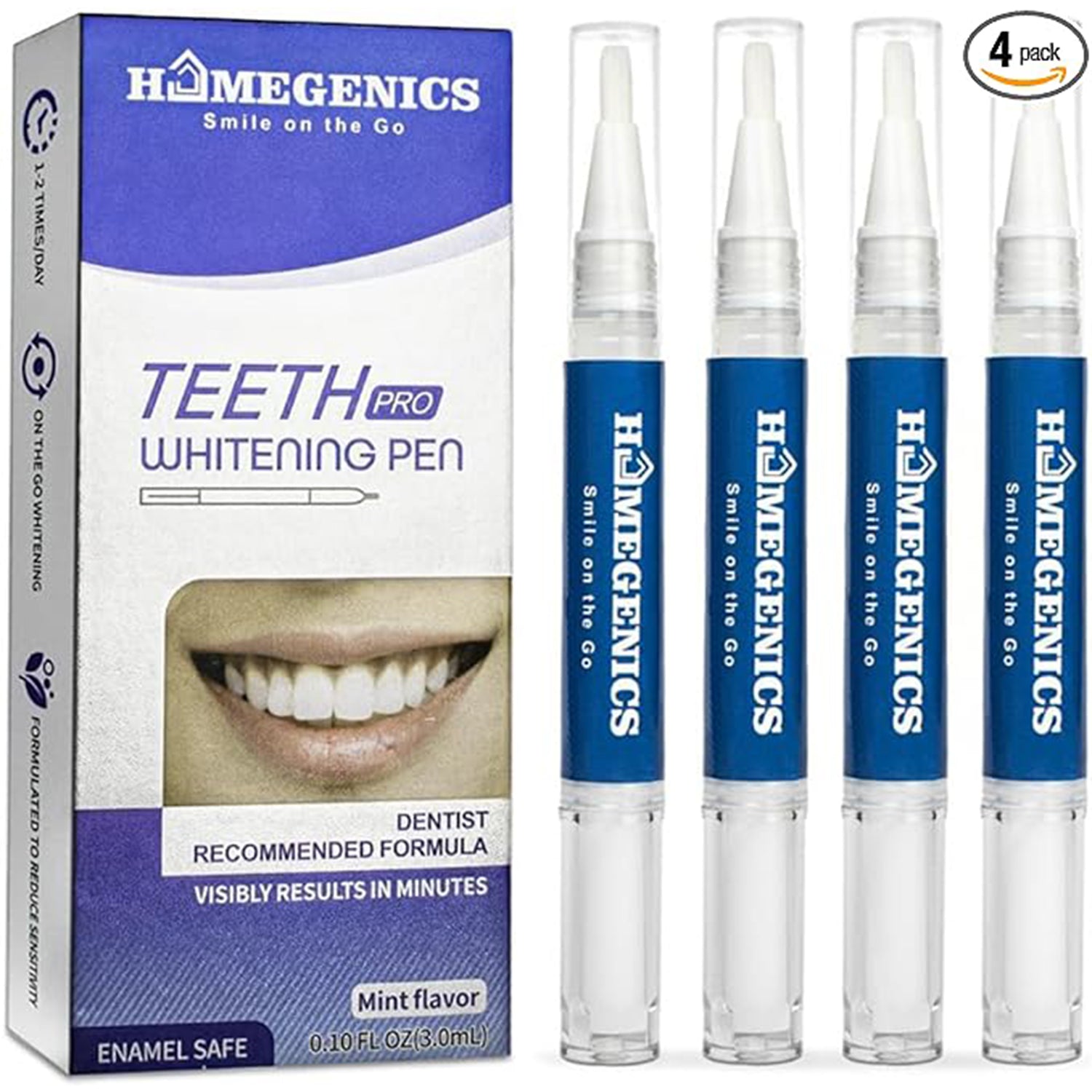 "HomeGenics Teeth Whitening Pen 4-Pack - 60+ Uses, Fast, Gentle, Enamel Safe Whitening Gel"