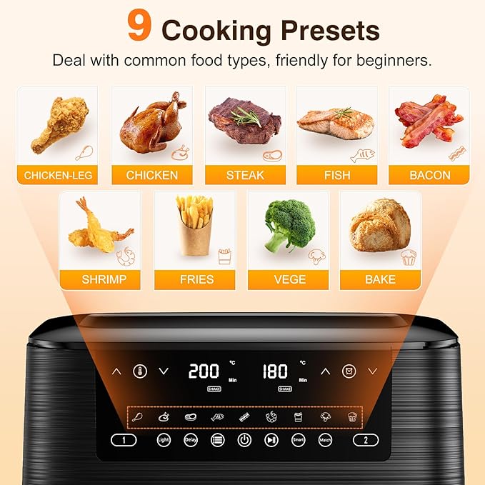 9L Dual Air Fryer with Visual Window – XL Capacity, 2 Drawers, 9-in-1 Presets, Touch Screen, Smart Finish, Timer, Dishwasher-Safe – Healthy Oil-Free & Low-Fat Cooking