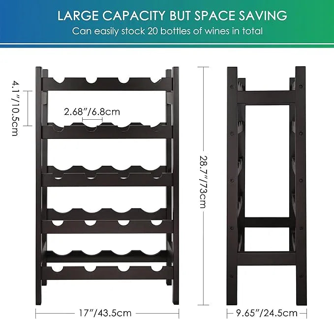 SMIBUY Bamboo Wine Rack – 20-Bottle Display Holder, 5-Tier Free-Standing Storage Shelves for Kitchen, Pantry, Cellar, Bar (Dark Brown)