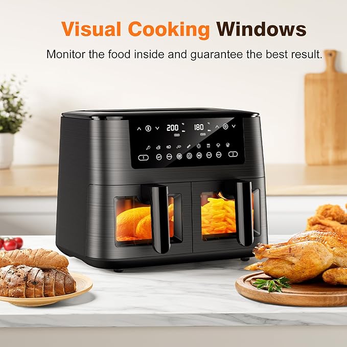 9L Dual Air Fryer with Visual Window – XL Capacity, 2 Drawers, 9-in-1 Presets, Touch Screen, Smart Finish, Timer, Dishwasher-Safe – Healthy Oil-Free & Low-Fat Cooking