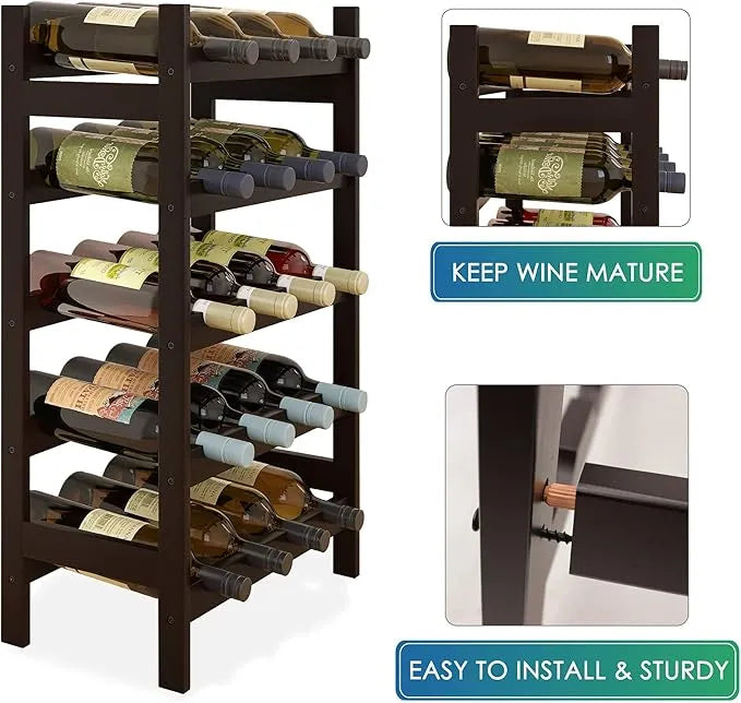 SMIBUY Bamboo Wine Rack – 20-Bottle Display Holder, 5-Tier Free-Standing Storage Shelves for Kitchen, Pantry, Cellar, Bar (Dark Brown)