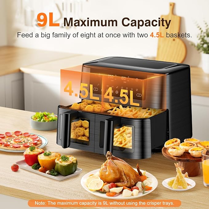 9L Dual Air Fryer with Visual Window – XL Capacity, 2 Drawers, 9-in-1 Presets, Touch Screen, Smart Finish, Timer, Dishwasher-Safe – Healthy Oil-Free & Low-Fat Cooking