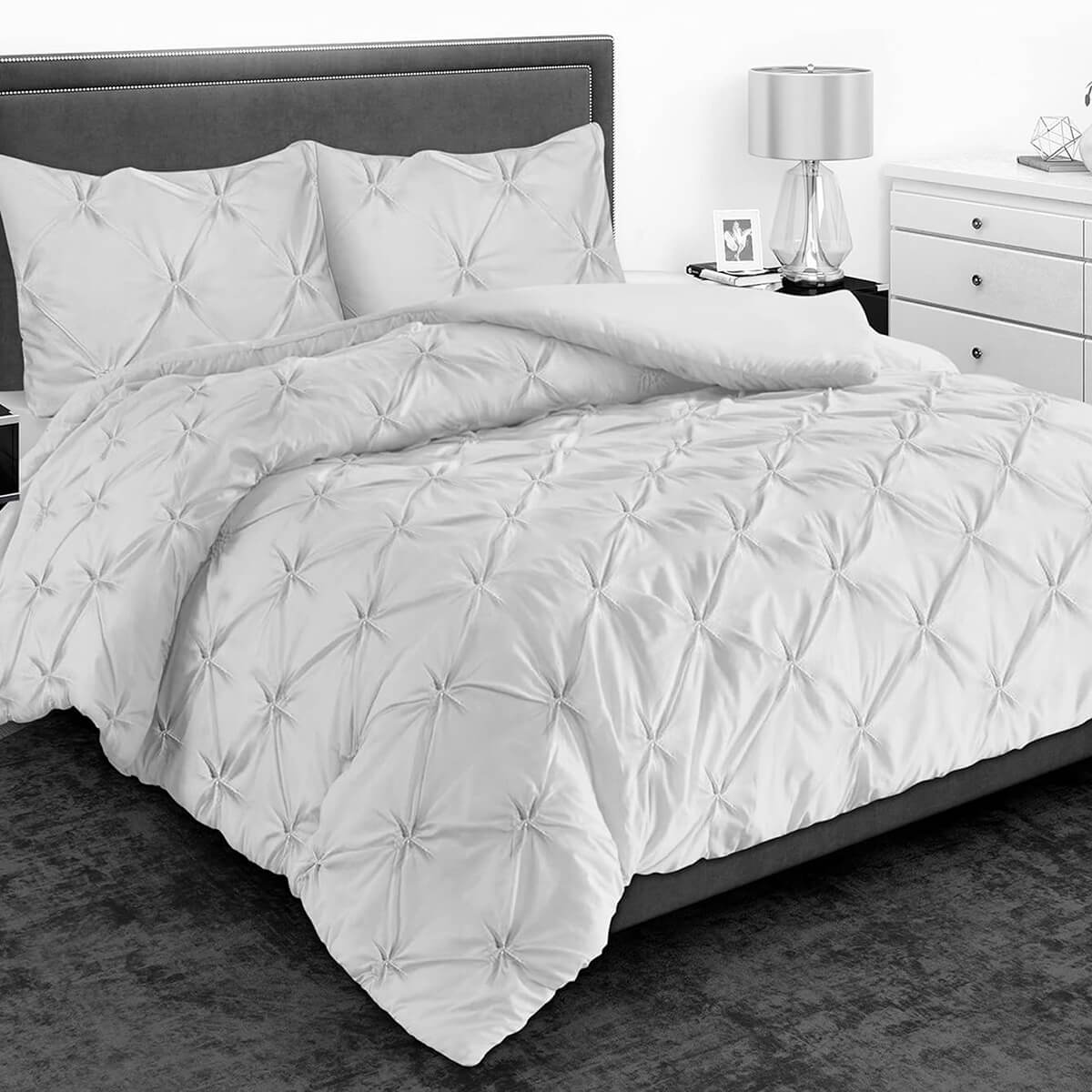 Pintuck Duvet Cover Set - 200 Thread Count 100% Egyptian Cotton Pinch Pleated Quilt Bedding