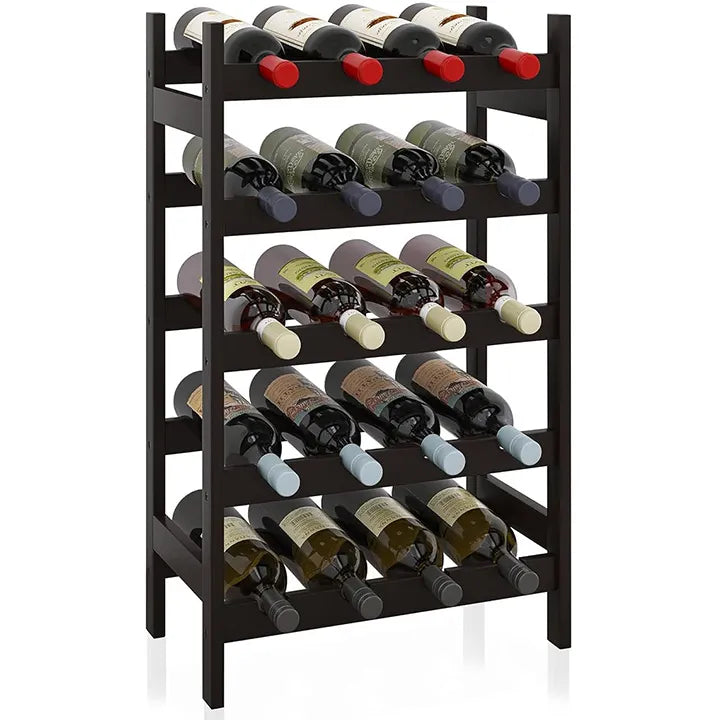 SMIBUY Bamboo Wine Rack – 20-Bottle Display Holder, 5-Tier Free-Standing Storage Shelves for Kitchen, Pantry, Cellar, Bar (Dark Brown)