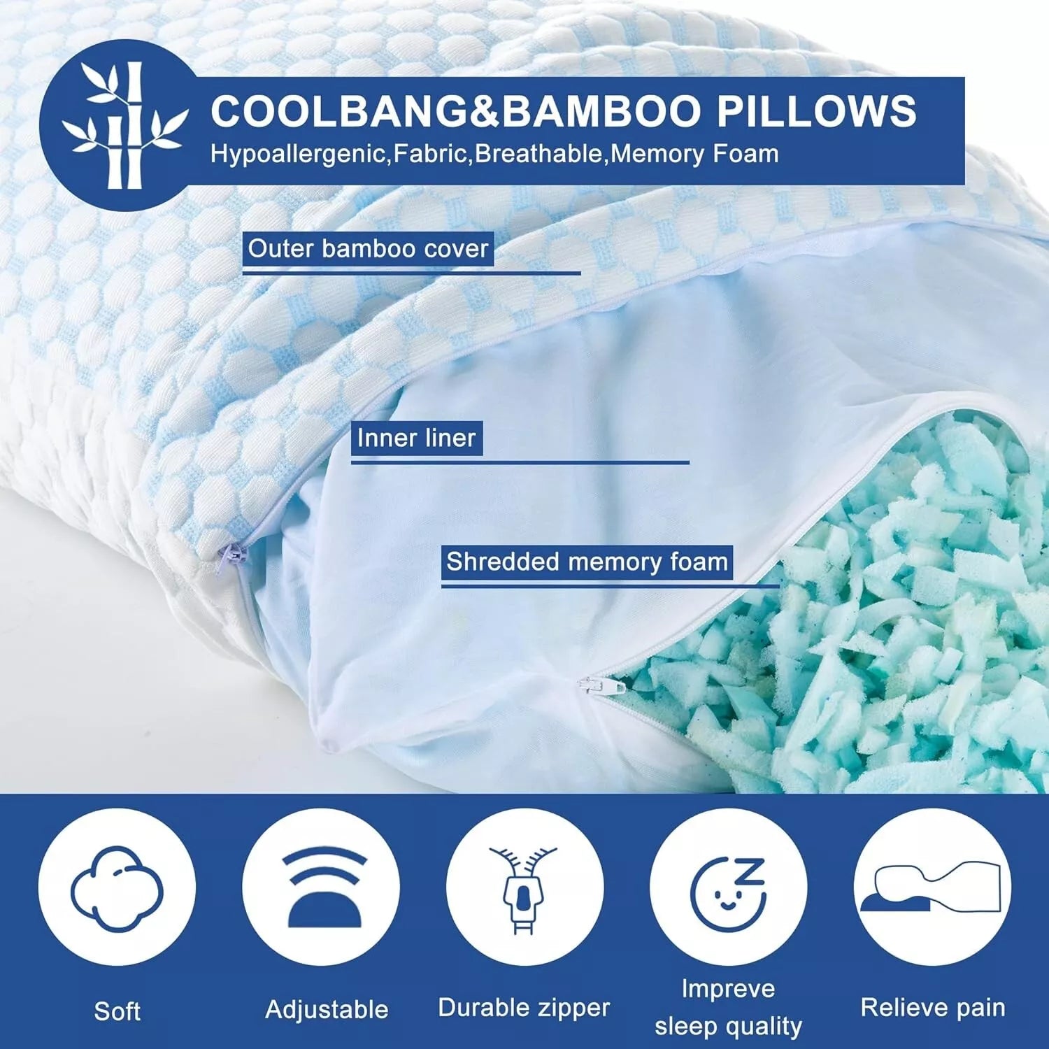 Orthopedic Cooling Pillow - Shredded Memory Foam Gel, Firm Neck & Back Support